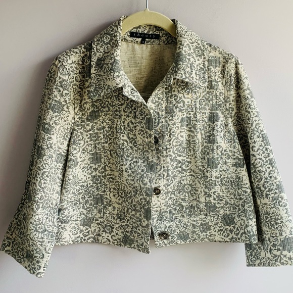 Theory Jacket Sage Grey Cream Twill Button Front Cropped Paisley Geometric Small - Picture 1 of 8